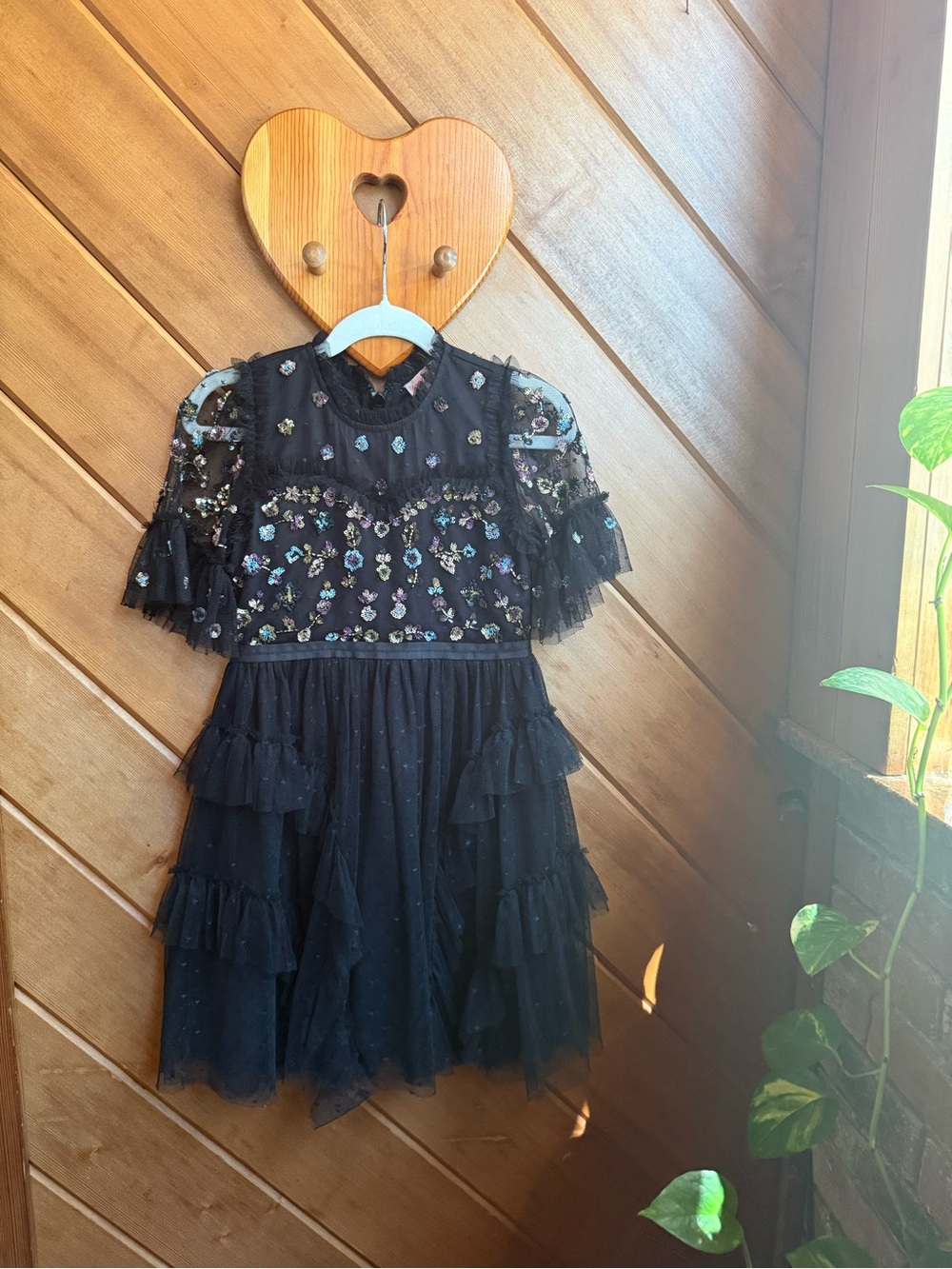 Ivy City Co Black Floral Sequin Tulle Dress for Girls
